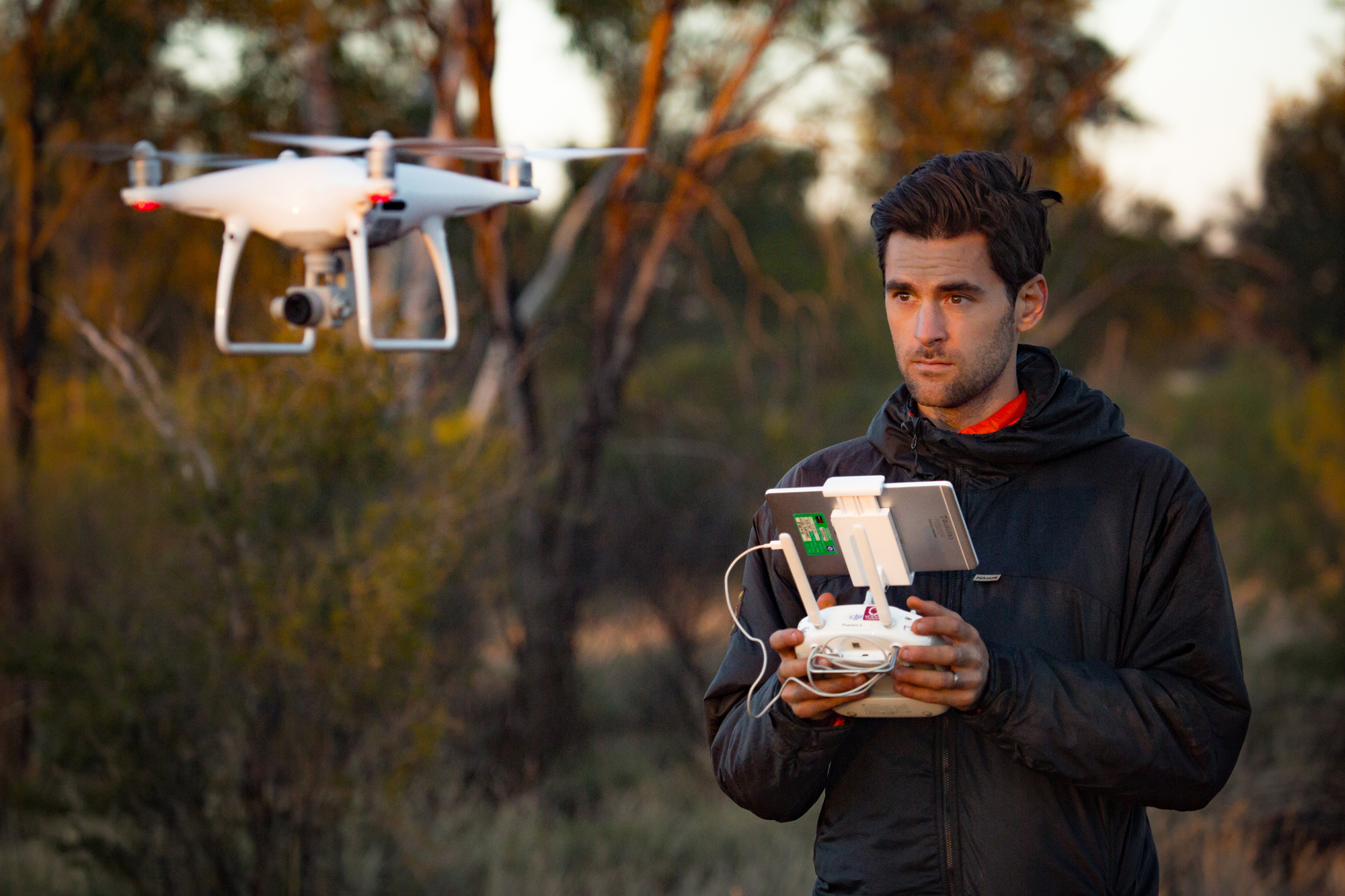 Ben Sherlock using a low flying drone at dawn